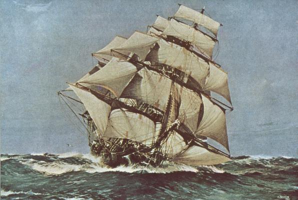 Dipinto d'epoca, Clipper in navigazione con vento in poppa, sono ben visibili gli scopamari, i cortellacci e i coltellaccini