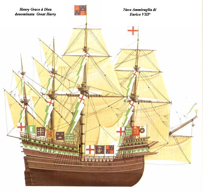 Ammiraglia di Enrico VIII° varata nel 1514 portava 186 cannoni(sul vascello sono ben visibili i castelli di prira e poppa)